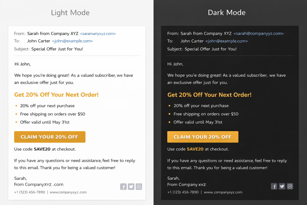 Dark Mode, Responsive Design, and Email Clients: What Affects Your Email Design Primerjava Svetlega In Temnega Nacina 1024x683